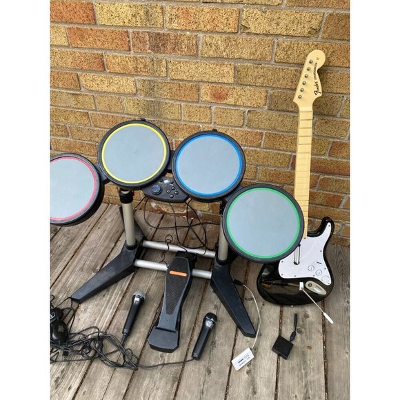 Rock Band Bundle PS3 Console, Wired Drums, Fender Stratocaster W/ Dongle, 2X Mic - Picture 6 of 14